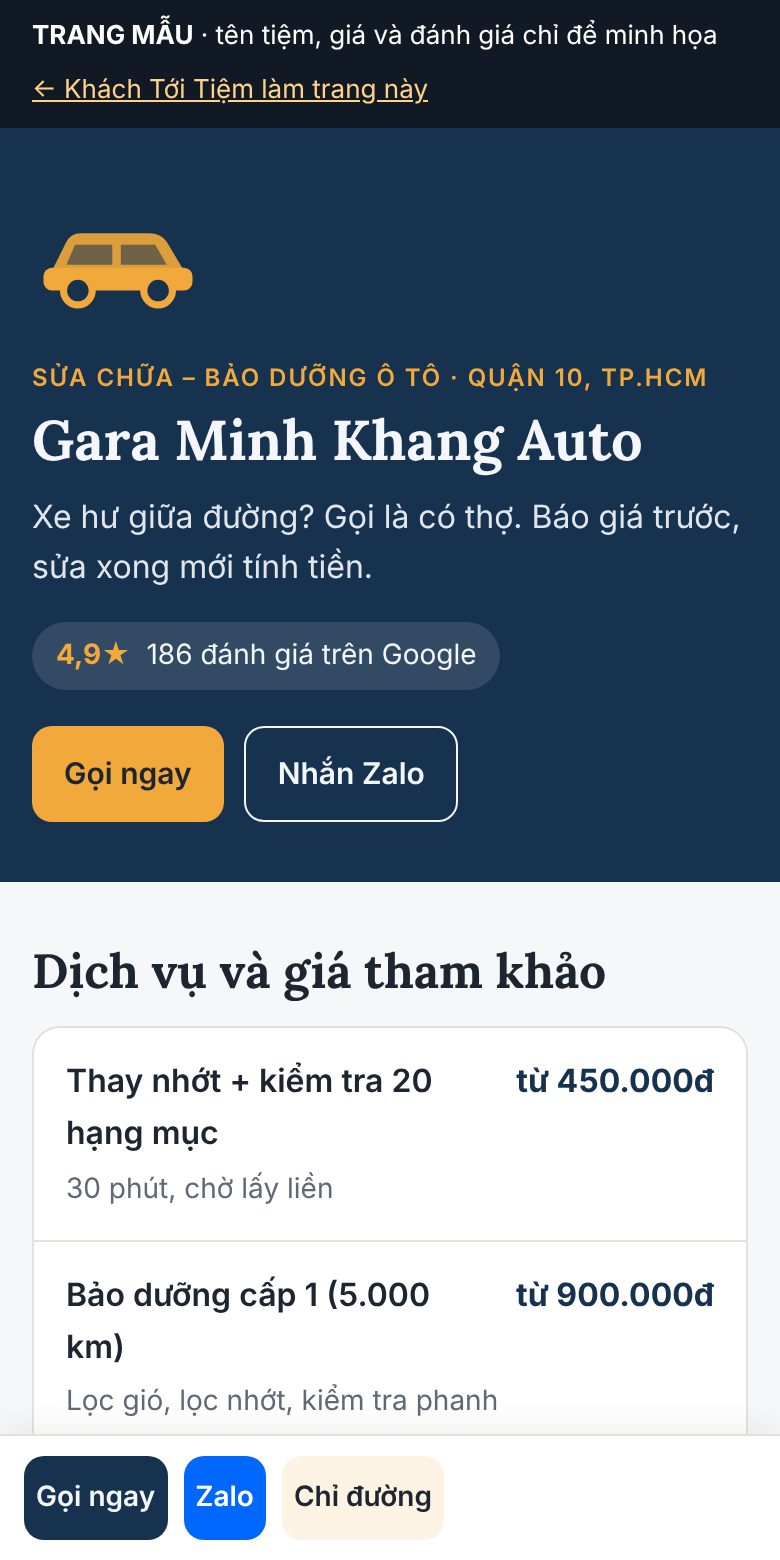 Trang mẫu một gara ô tô trên điện thoại